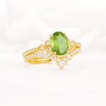 Oval Cut Peridot Vintage Engagement Ring Set with Chevron Band - Rose-Gold