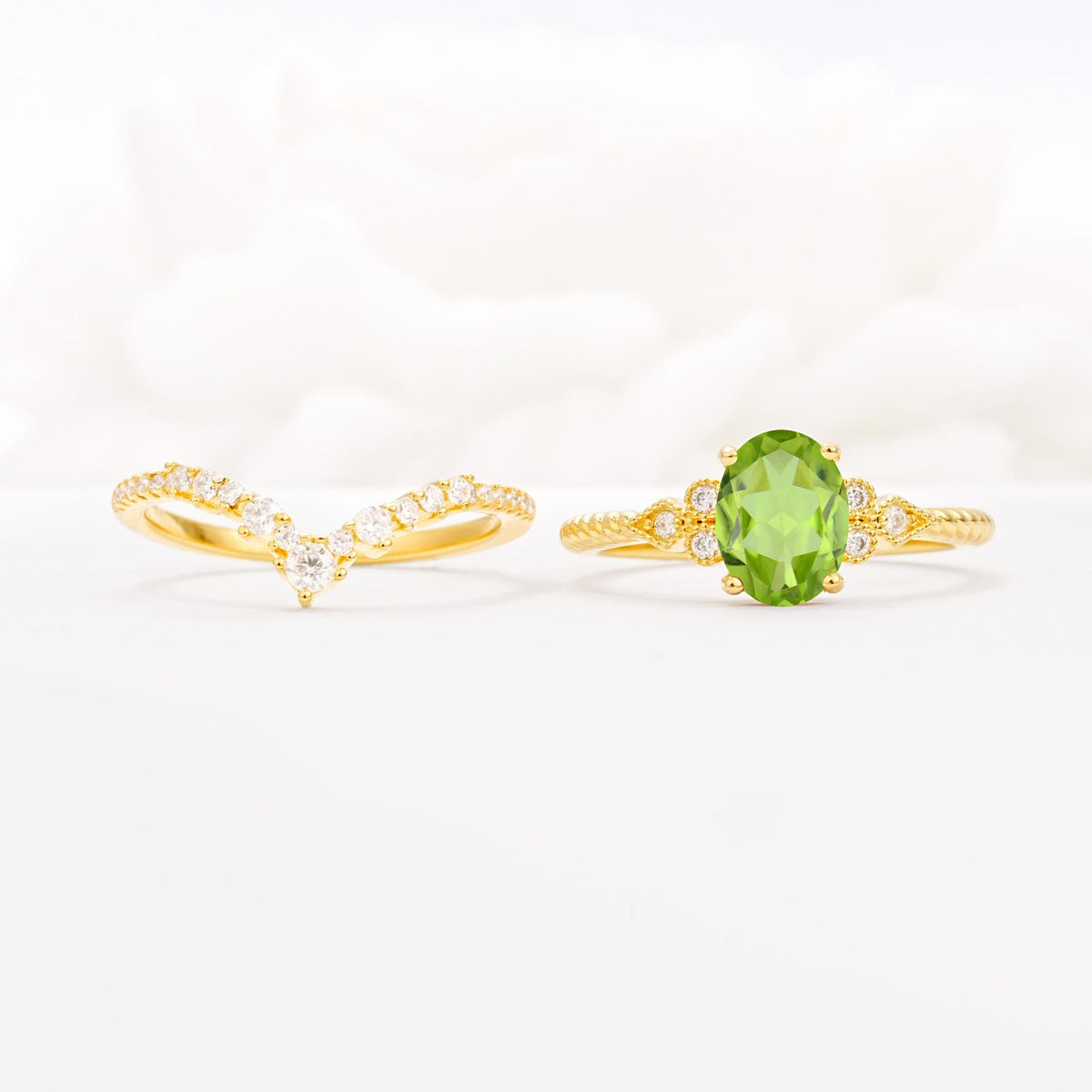 Oval Cut Peridot Vintage Engagement Ring Set with Chevron Band - White-Gold