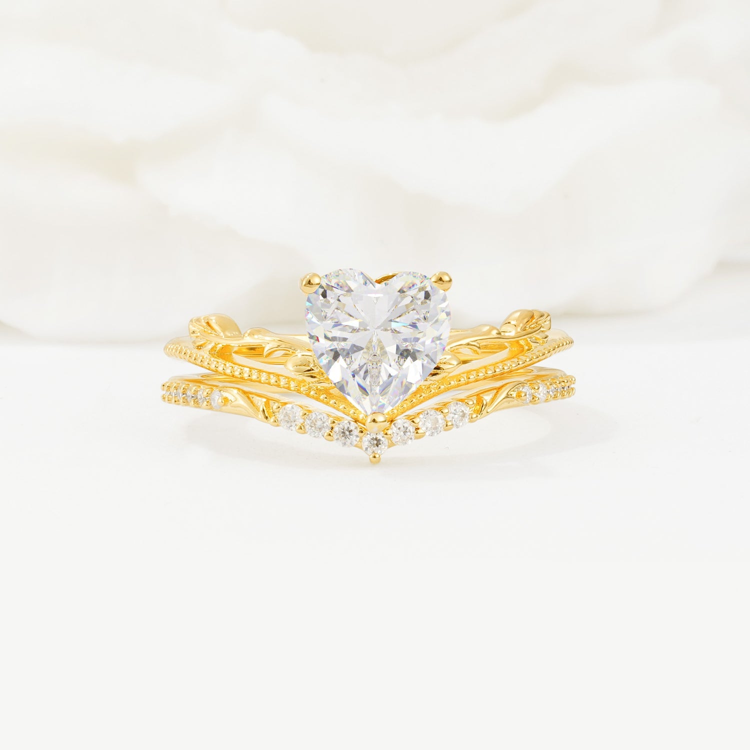Nature Inspired Heart Cut Moissanite Bridal Ring Set - Yellow-Gold