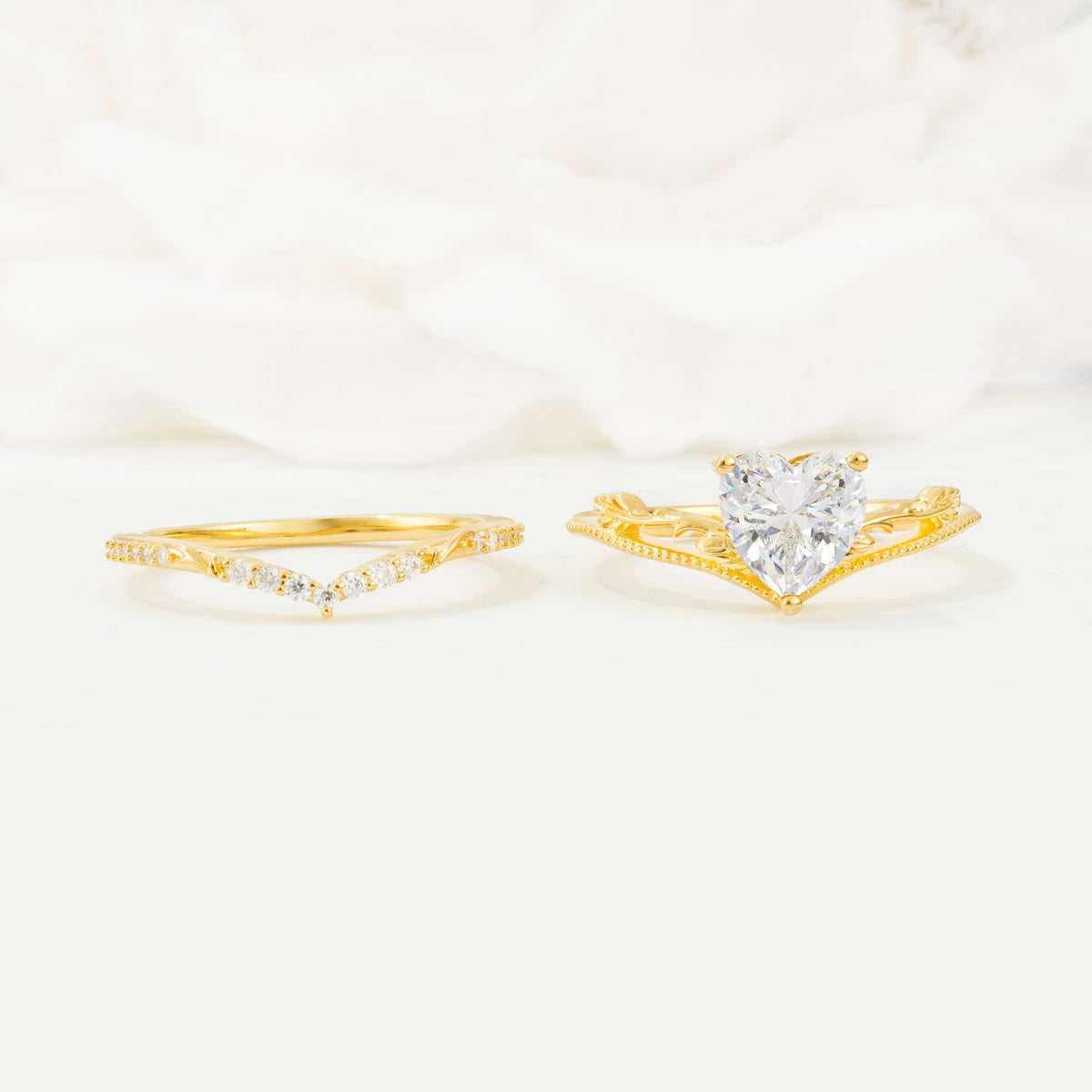 Nature Inspired Heart Cut Moissanite Bridal Ring Set - White-Gold