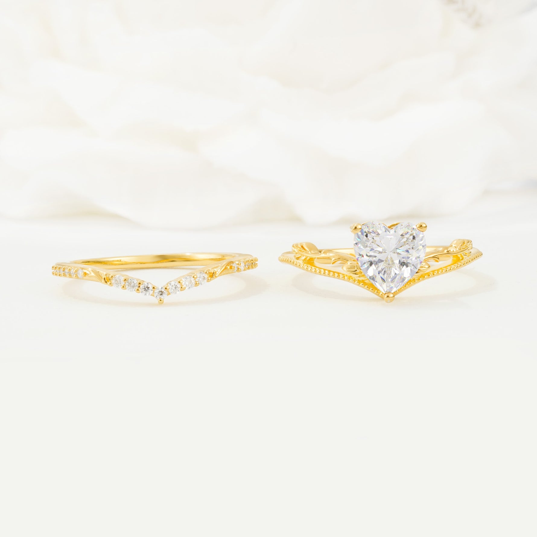 Nature Inspired Heart Cut Moissanite Bridal Ring Set - White-Gold