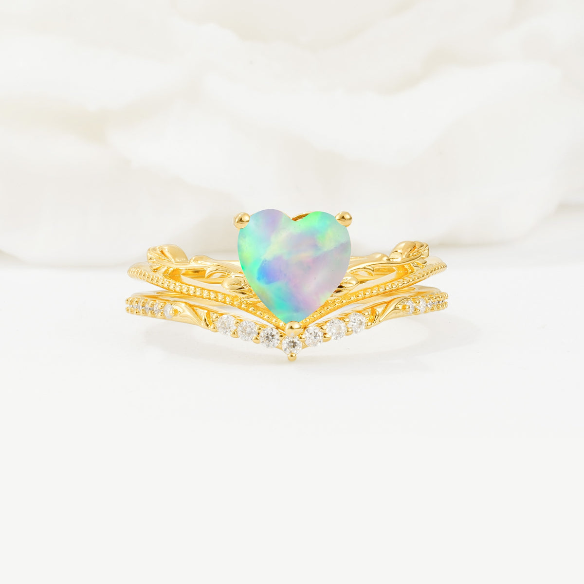 Nature Inspired Heart Cut Fire Opal Bridal Ring Set - Yellow-Gold