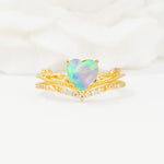 Nature Inspired Heart Cut Fire Opal Bridal Ring Set - Yellow-Gold