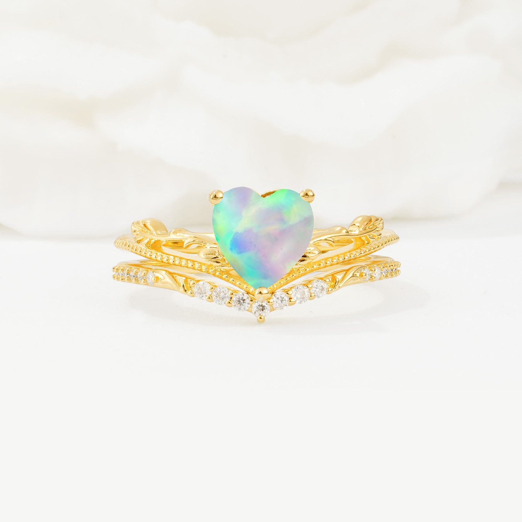 Nature Inspired Heart Cut Fire Opal Bridal Ring Set - Yellow-Gold