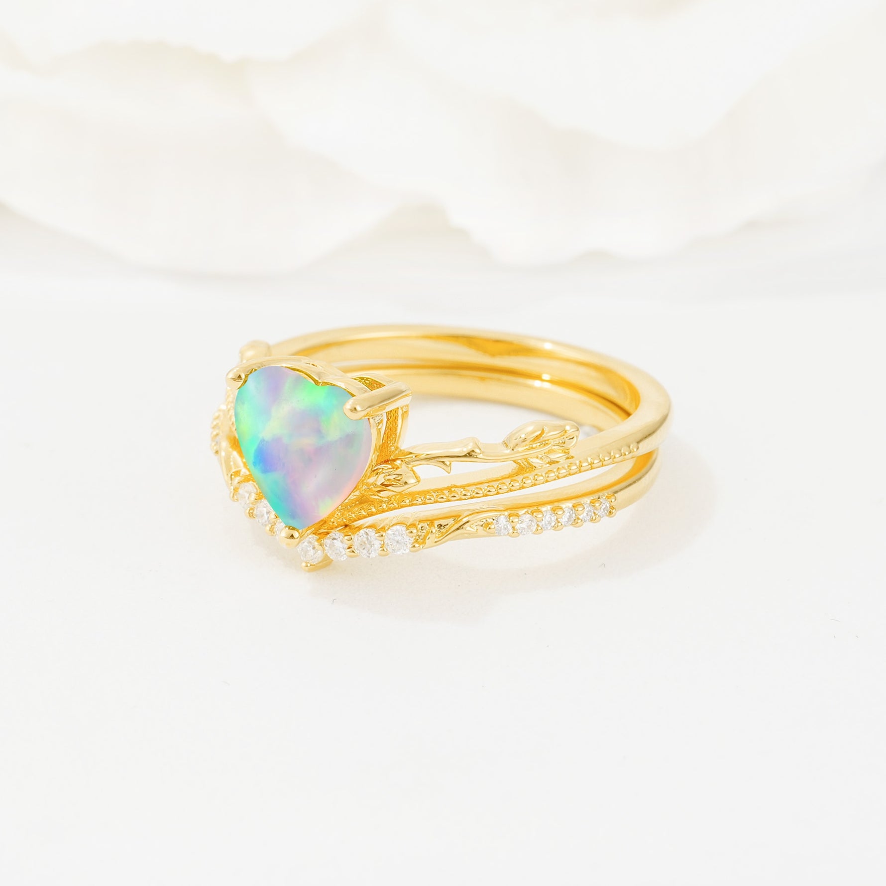 Nature Inspired Heart Cut Fire Opal Bridal Ring Set - Rose-Gold
