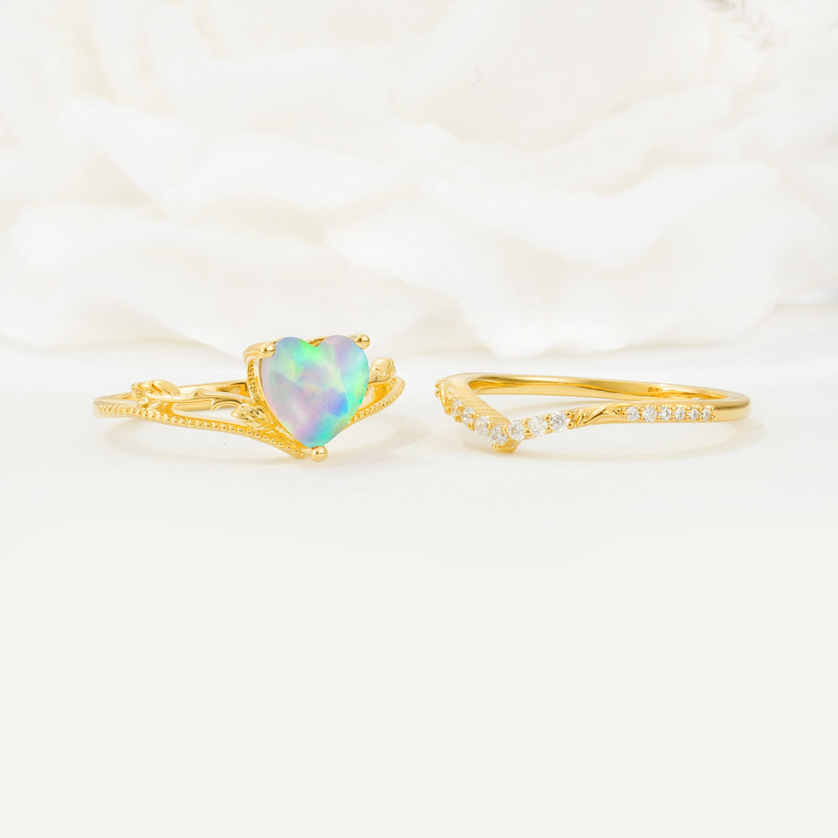 Nature Inspired Heart Cut Fire Opal Bridal Ring Set - Additional view