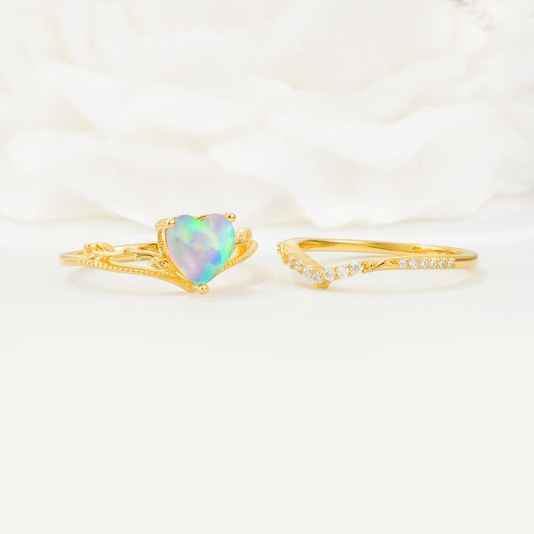 Nature Inspired Heart Cut Fire Opal Bridal Ring Set - Additional view