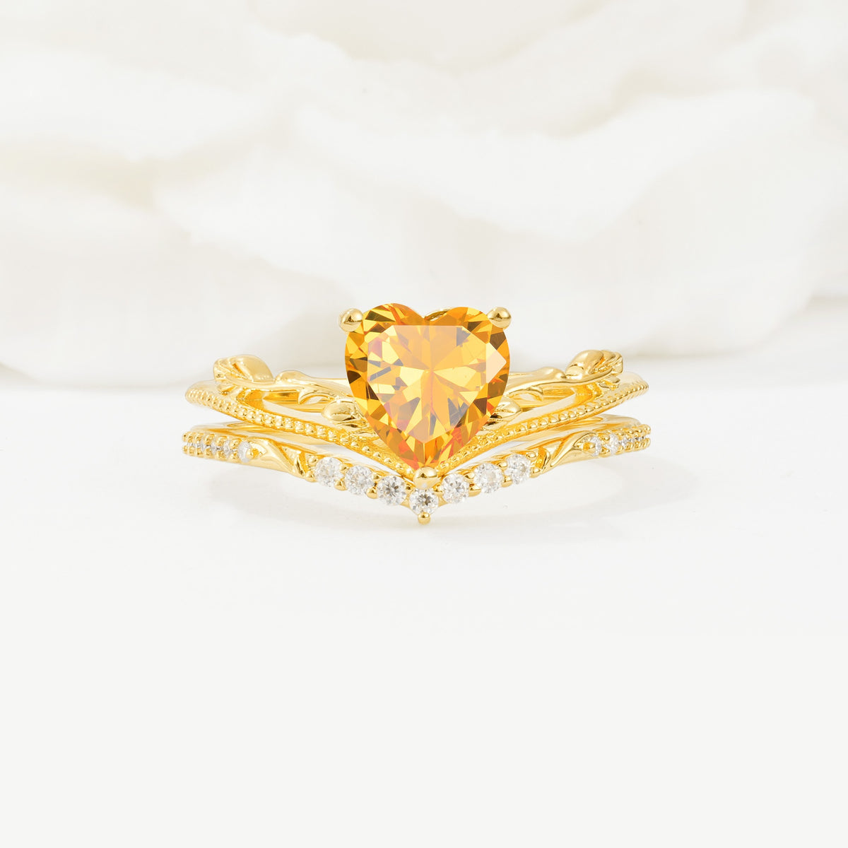 Nature Inspired Heart Cut Citrine Bridal Ring Set - Yellow-Gold