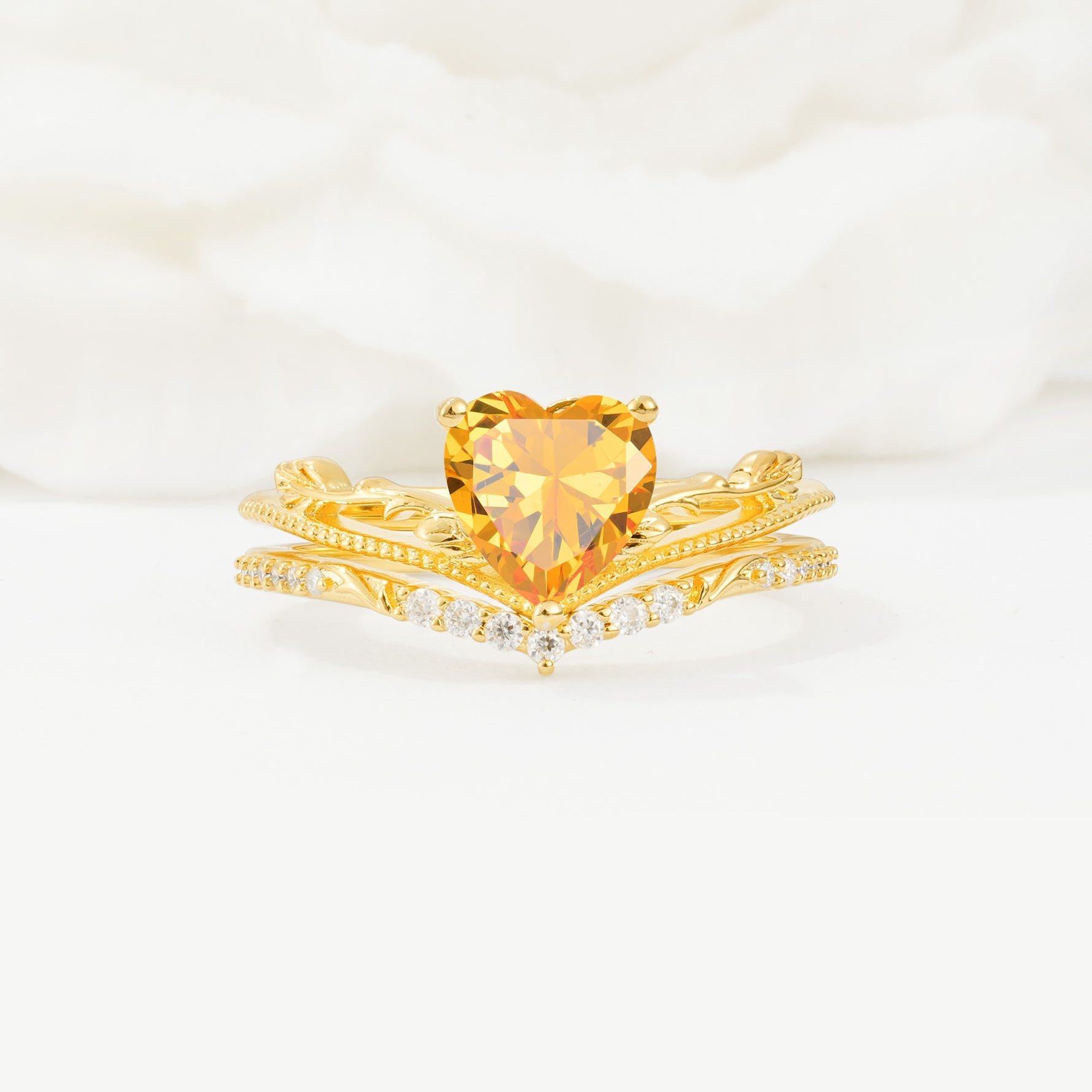 Nature Inspired Heart Cut Citrine Bridal Ring Set - Yellow-Gold