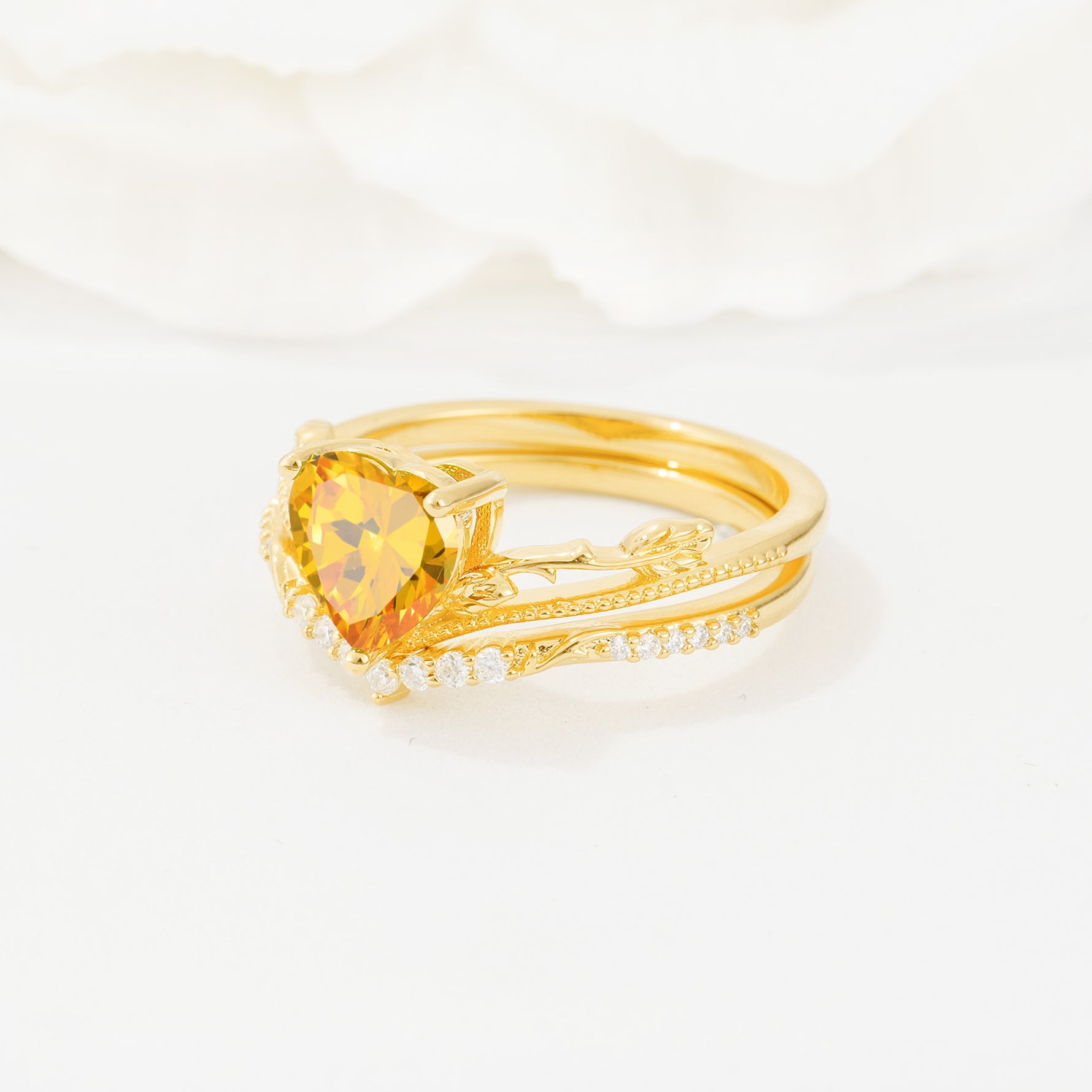 Nature Inspired Heart Cut Citrine Bridal Ring Set - Rose-Gold