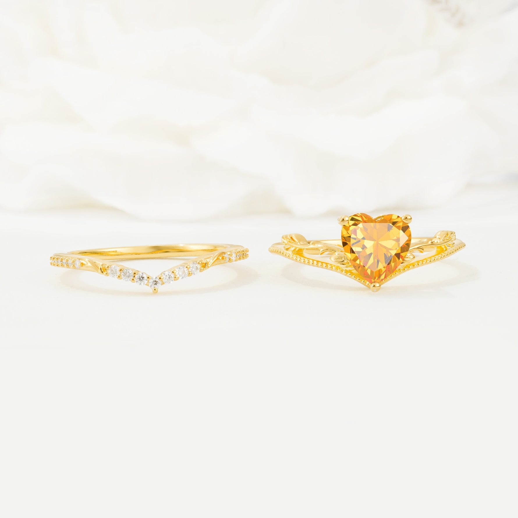 Nature Inspired Heart Cut Citrine Bridal Ring Set - White-Gold