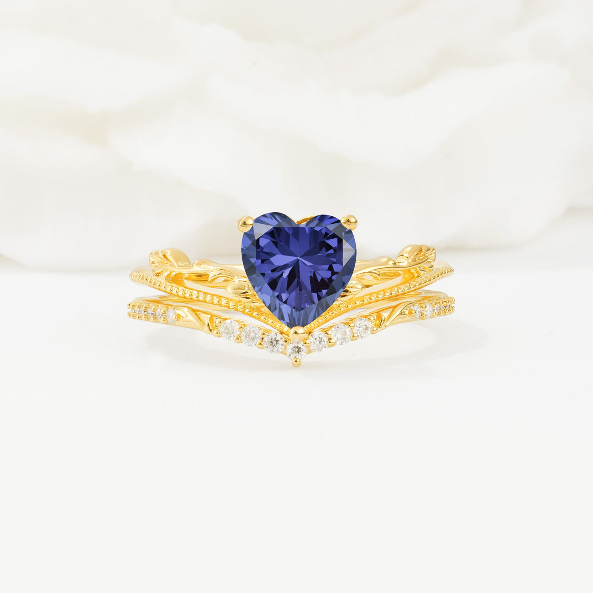 Nature Inspired Heart Cut Tanzanite Bridal Ring Set - Yellow-Gold