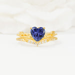 Nature Inspired Heart Cut Tanzanite Bridal Ring Set - Yellow-Gold