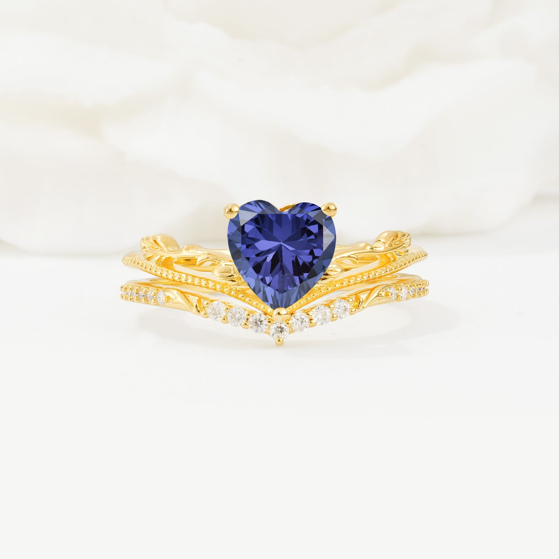 Nature Inspired Heart Cut Tanzanite Bridal Ring Set - Yellow-Gold