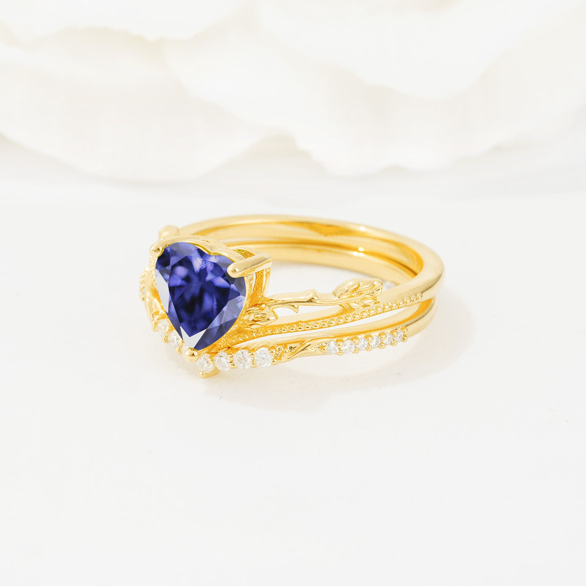Nature Inspired Heart Cut Tanzanite Bridal Ring Set - Rose-Gold