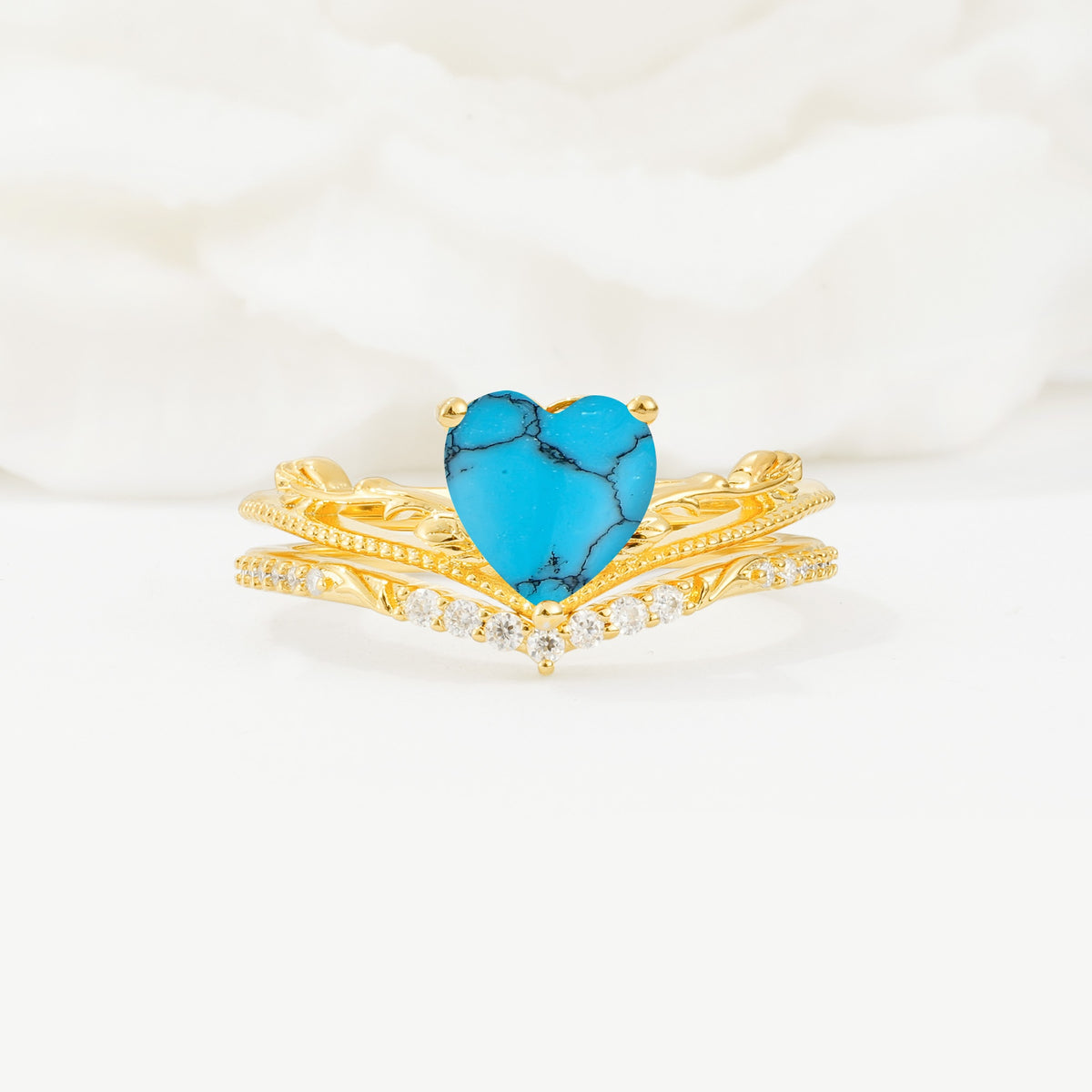 Nature Inspired Heart Cut Turquoise Bridal Ring Set - Yellow-Gold