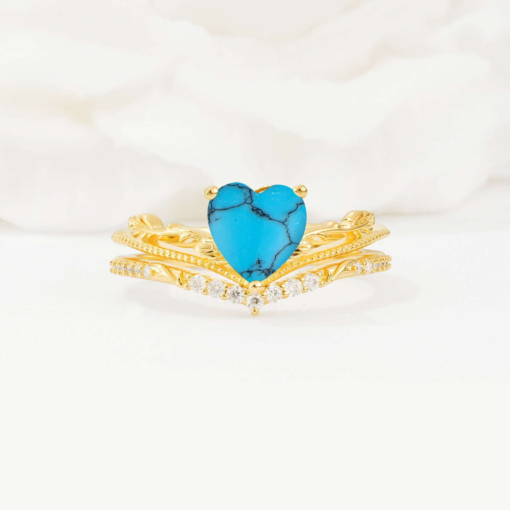 Nature Inspired Heart Cut Turquoise Bridal Ring Set - Yellow-Gold
