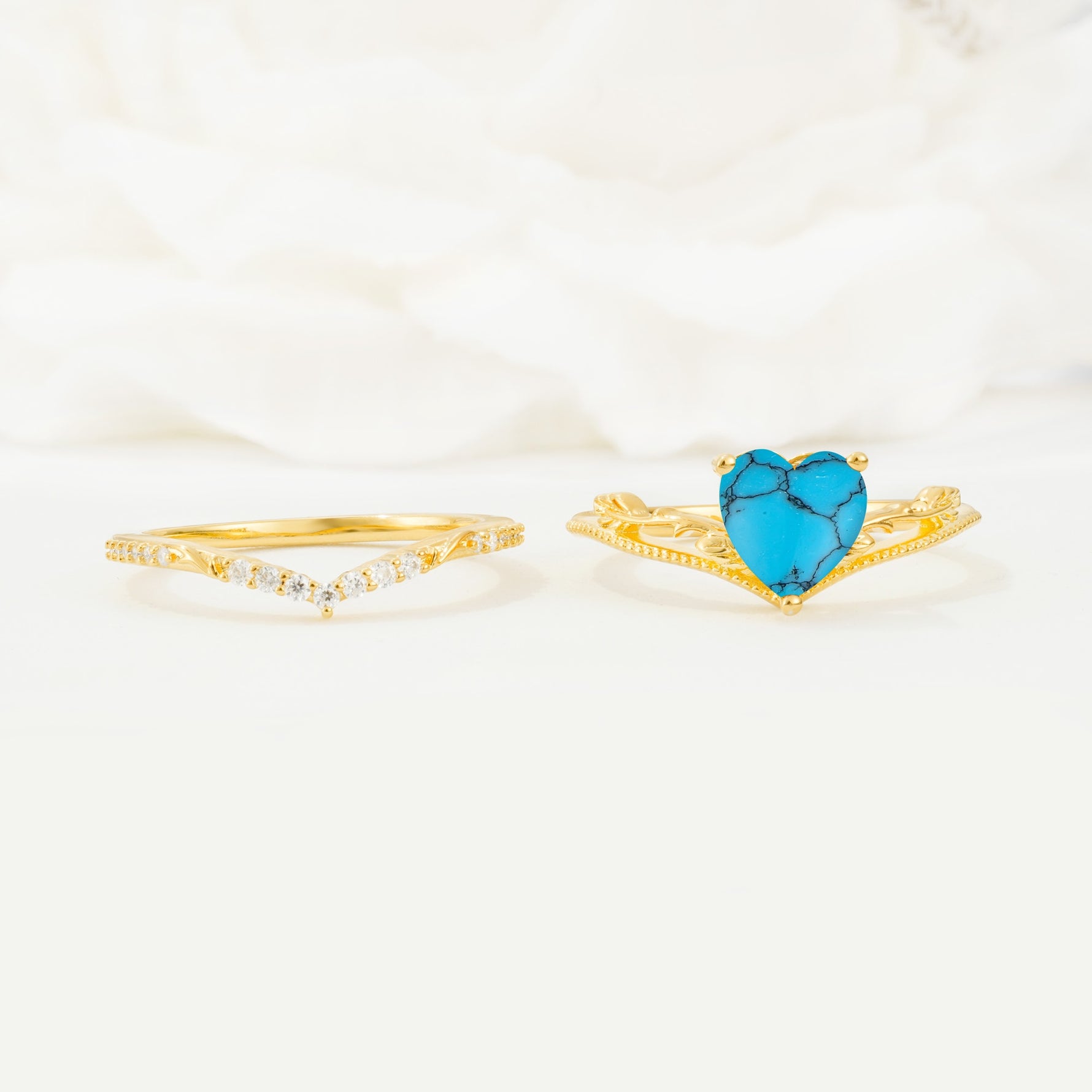 Nature Inspired Heart Cut Turquoise Bridal Ring Set - White-Gold