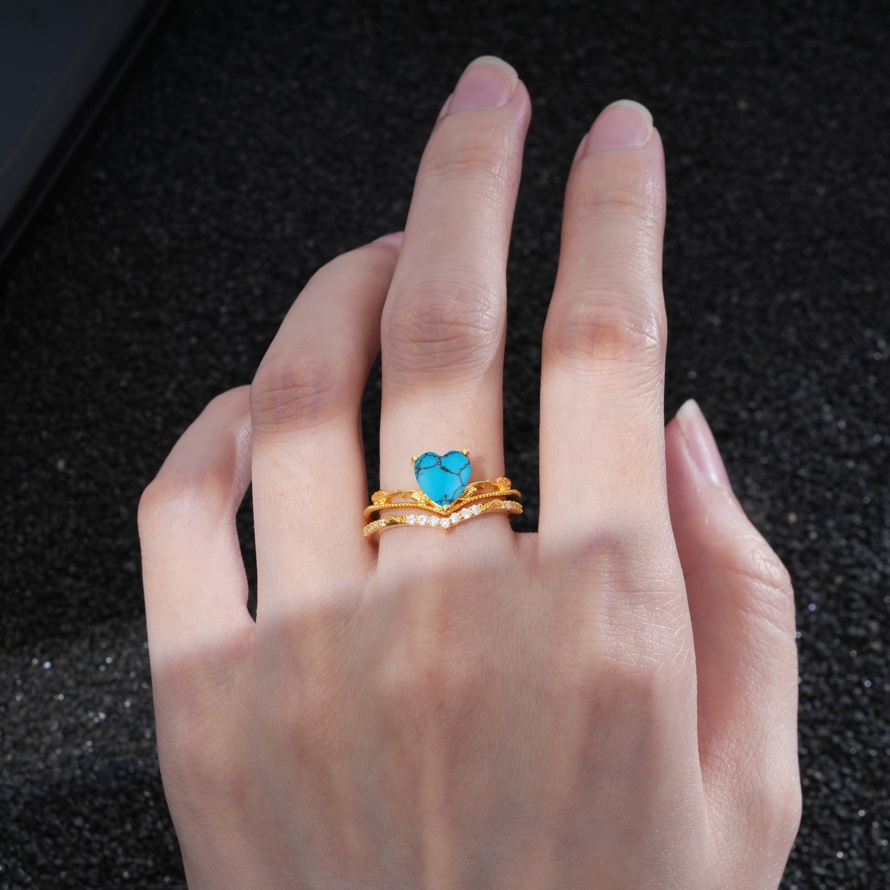 Nature Inspired Heart Cut Turquoise Bridal Ring Set - Additional view