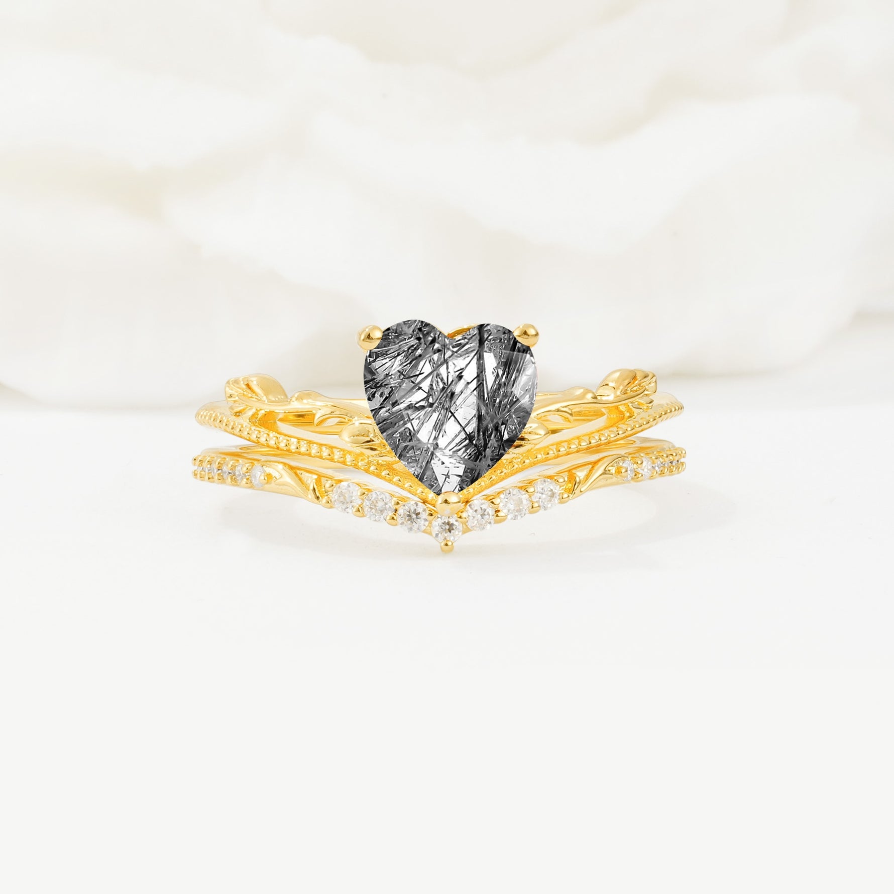 Nature Inspired Heart Cut Black Rutilated Quartz Bridal Ring Set - Yellow-Gold