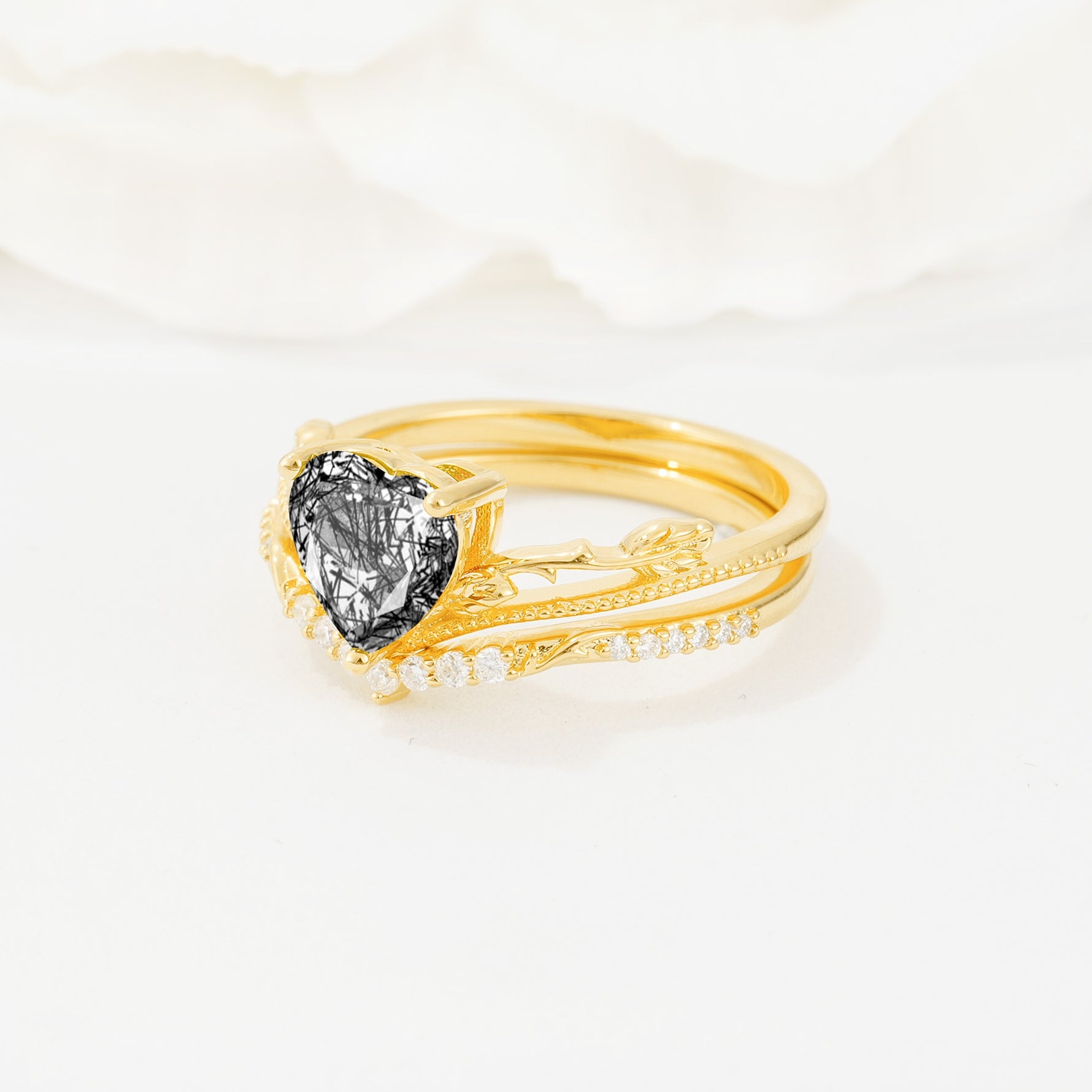 Nature Inspired Heart Cut Black Rutilated Quartz Bridal Ring Set - Rose-Gold