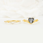 Nature Inspired Heart Cut Black Rutilated Quartz Bridal Ring Set - White-Gold