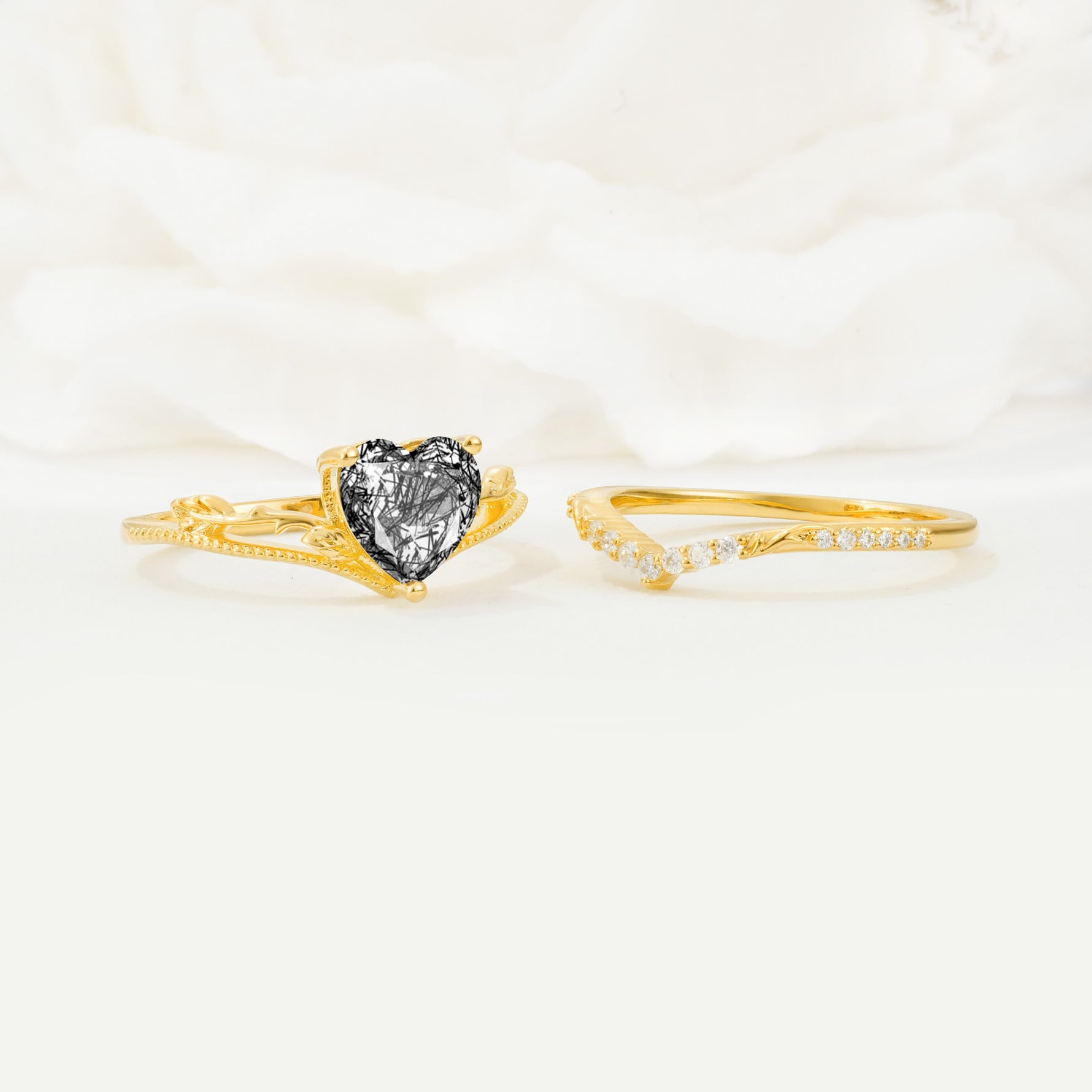 Nature Inspired Heart Cut Black Rutilated Quartz Bridal Ring Set - Additional view
