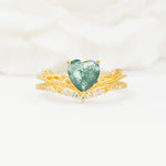 Nature Inspired Heart Cut Moss Agate Bridal Ring Set - Yellow-Gold