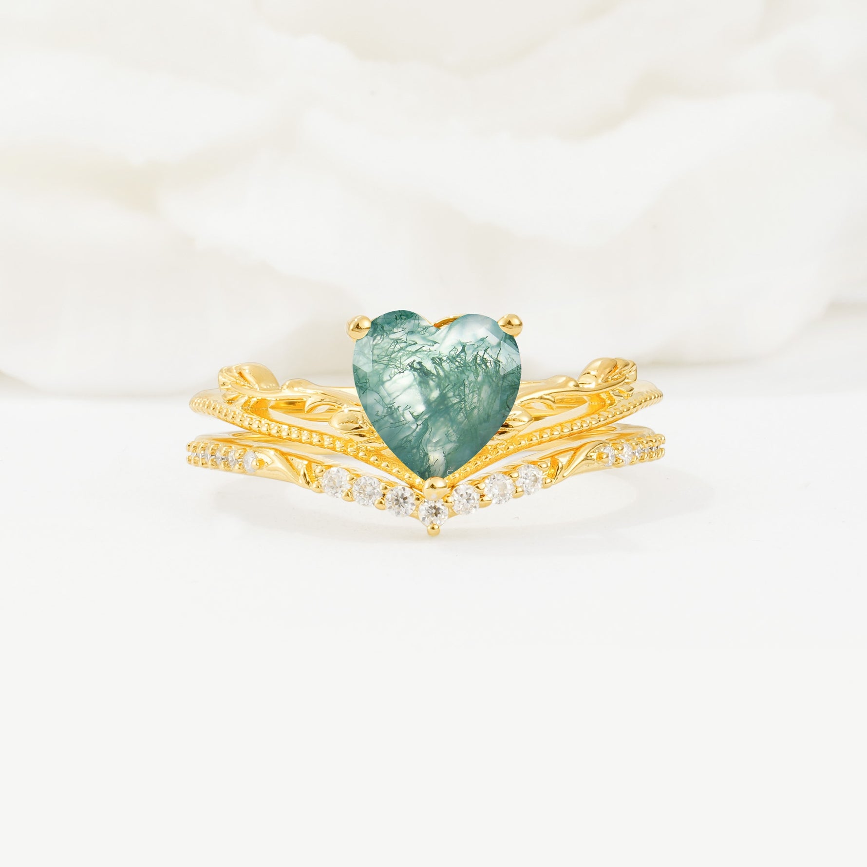 Nature Inspired Heart Cut Moss Agate Bridal Ring Set - Yellow-Gold