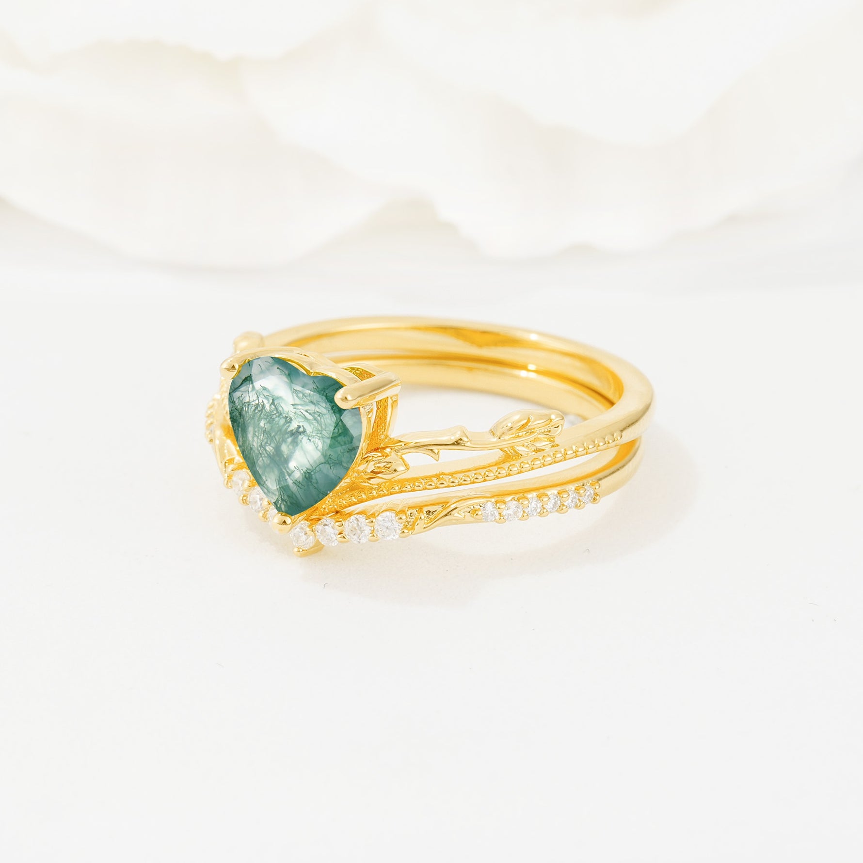 Nature Inspired Heart Cut Moss Agate Bridal Ring Set - Rose-Gold