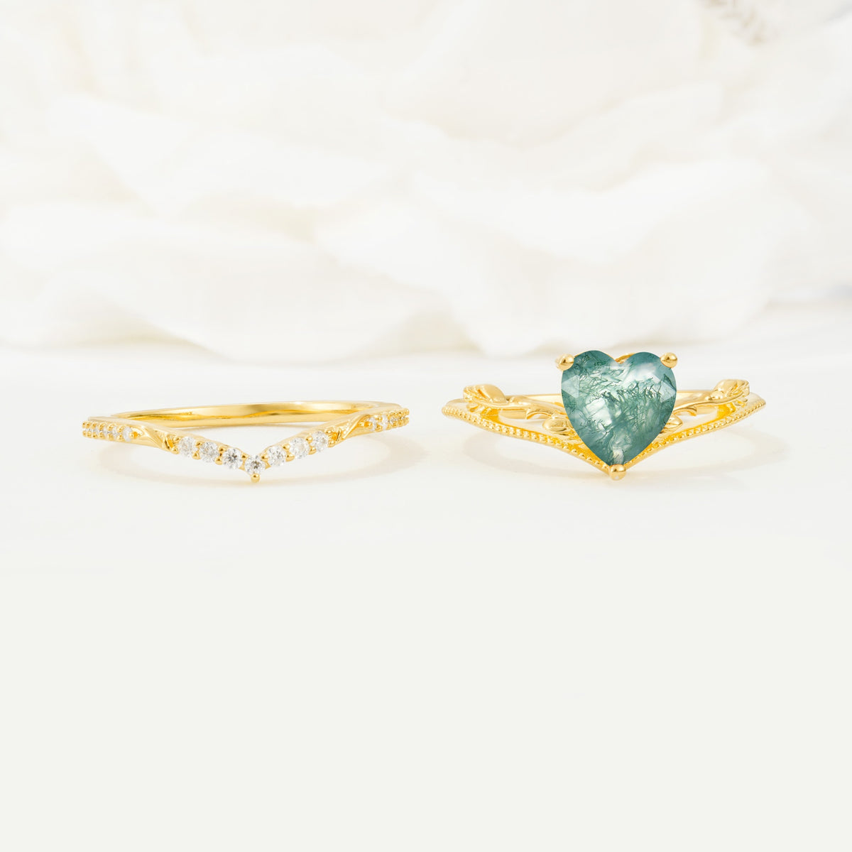 Nature Inspired Heart Cut Moss Agate Bridal Ring Set - White-Gold