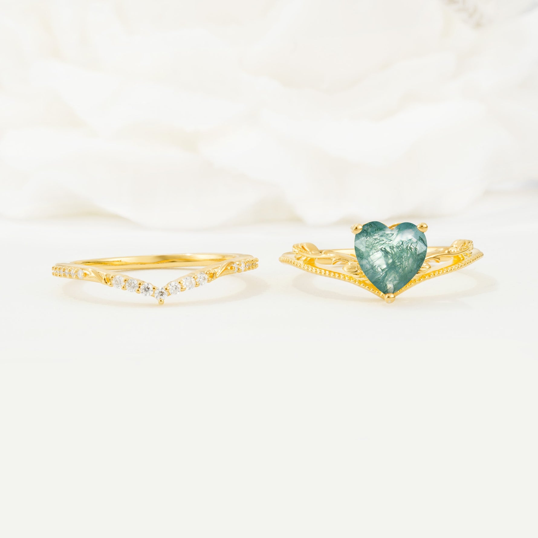 Nature Inspired Heart Cut Moss Agate Bridal Ring Set - White-Gold