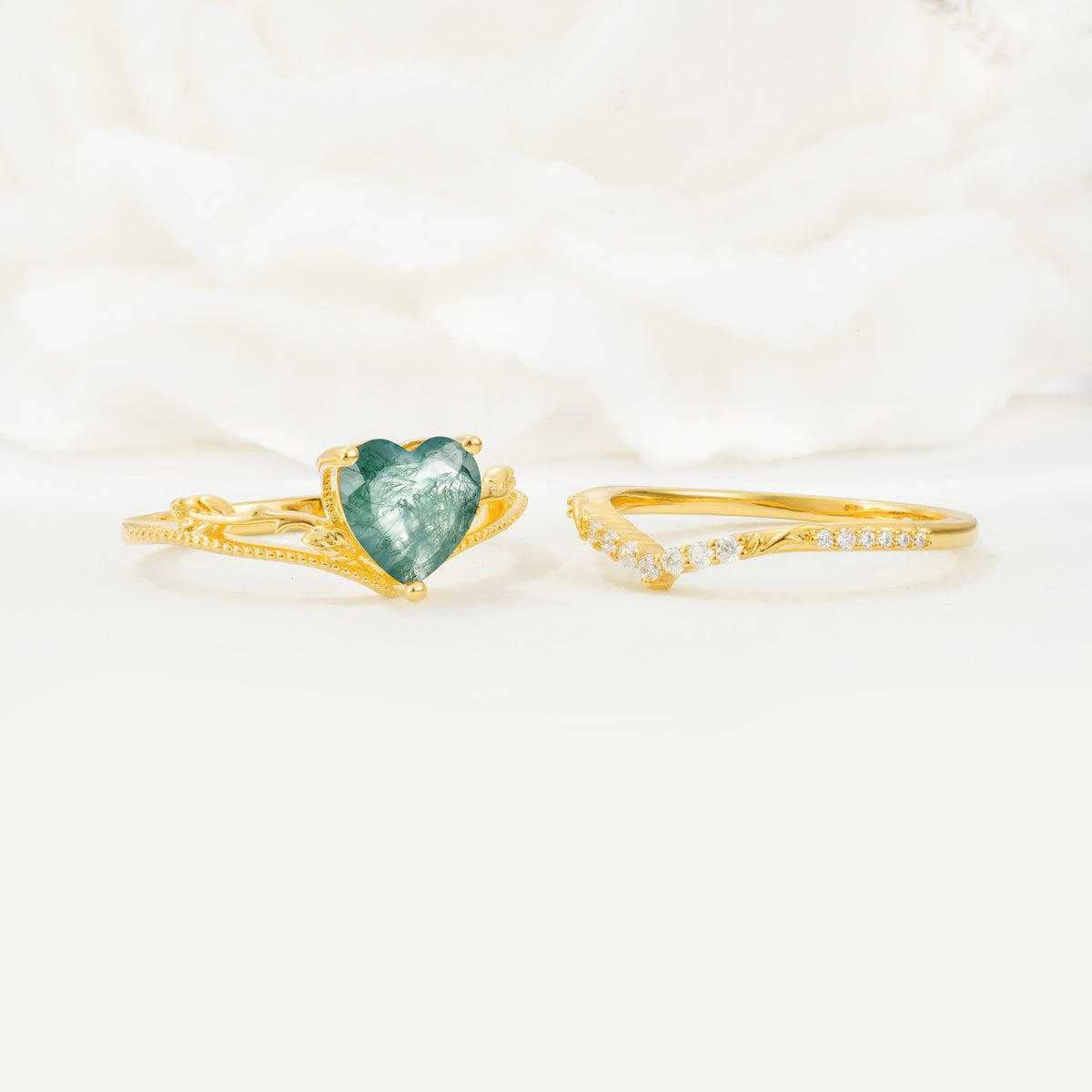 Nature Inspired Heart Cut Moss Agate Bridal Ring Set - Additional view