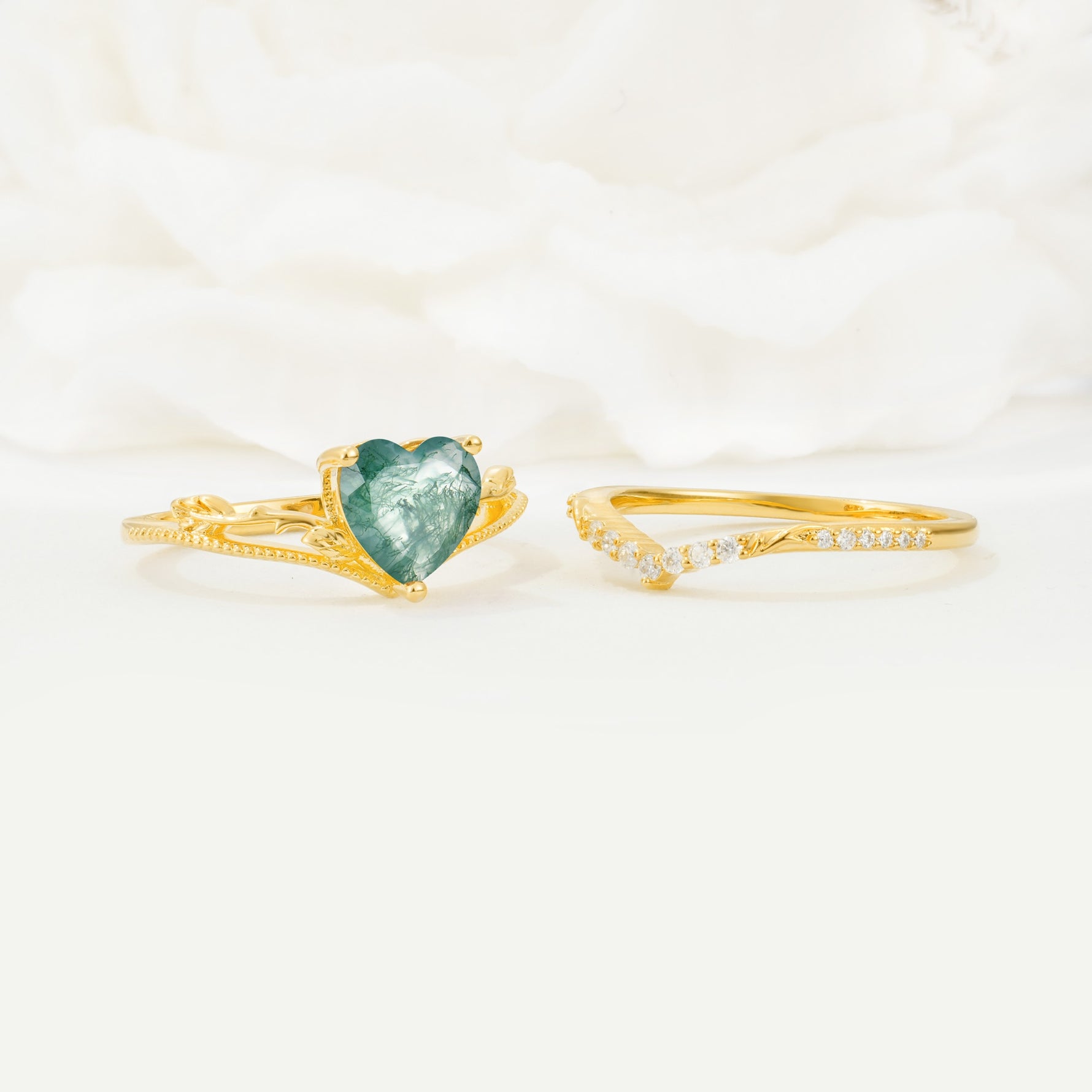 Nature Inspired Heart Cut Moss Agate Bridal Ring Set - Additional view