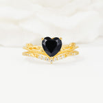 Nature Inspired Heart Cut Black Onyx Bridal Ring Set - Yellow-Gold