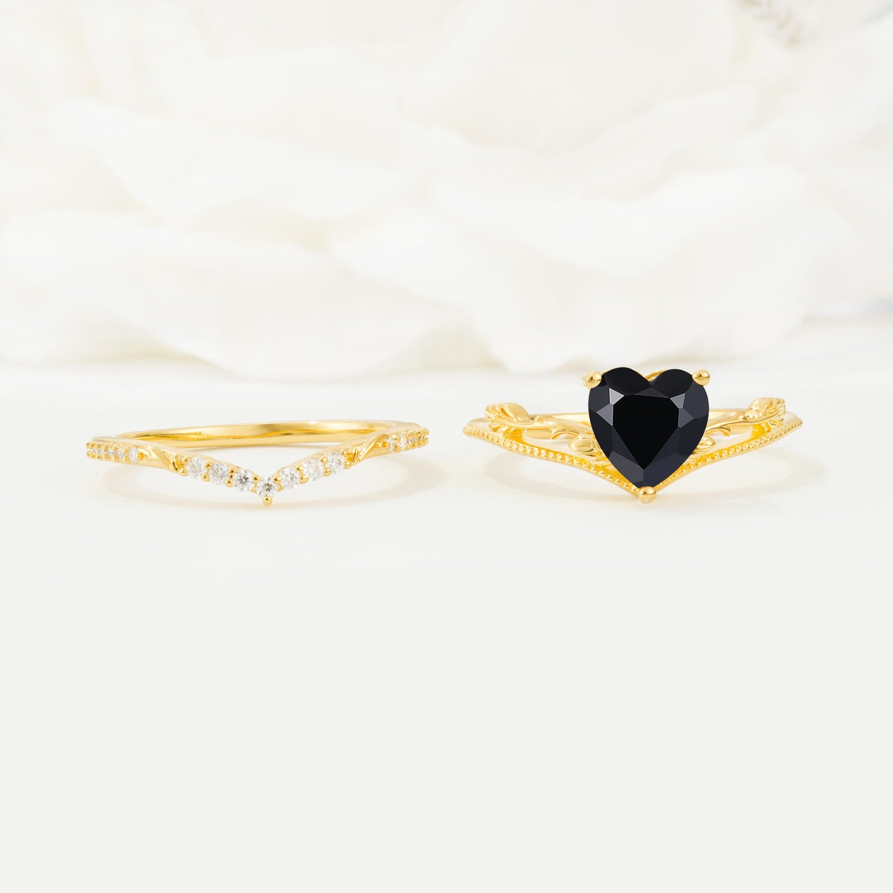 Nature Inspired Heart Cut Black Onyx Bridal Ring Set - White-Gold