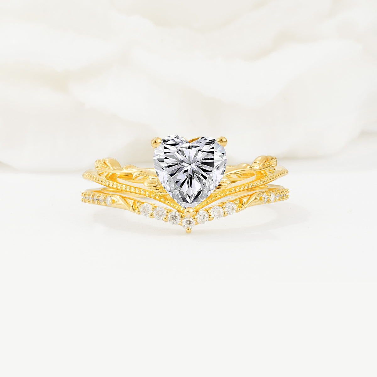 Nature Inspired Heart Cut Lab Diamond Bridal Ring Set - Yellow-Gold