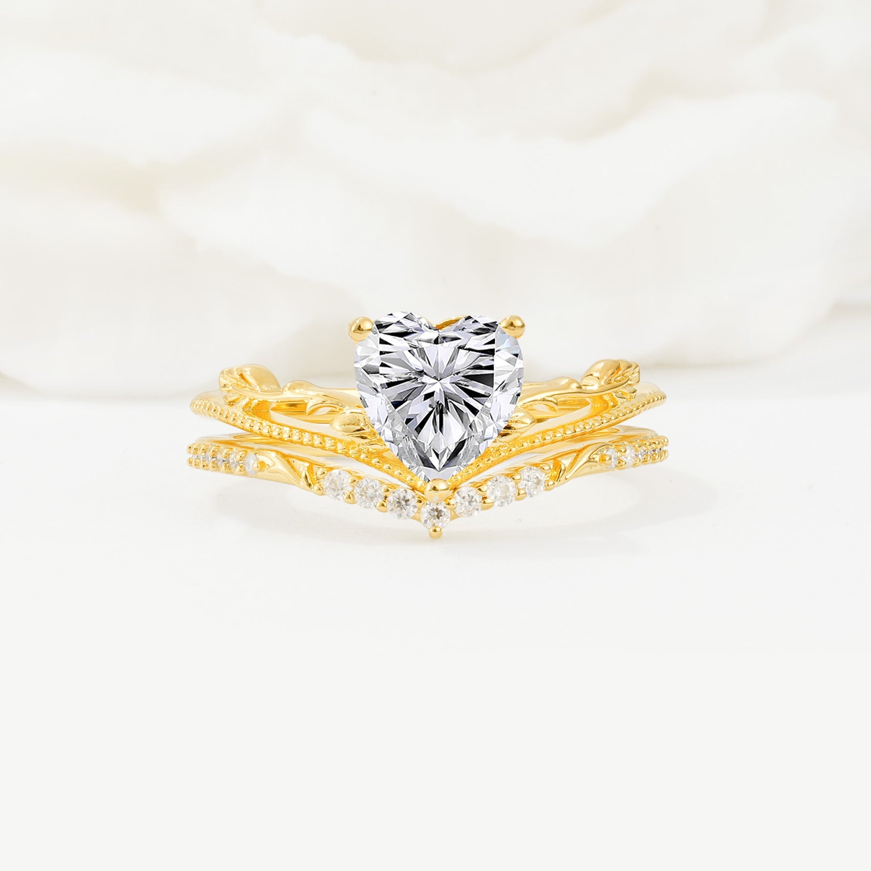 Nature Inspired Heart Cut Lab Diamond Bridal Ring Set - Yellow-Gold