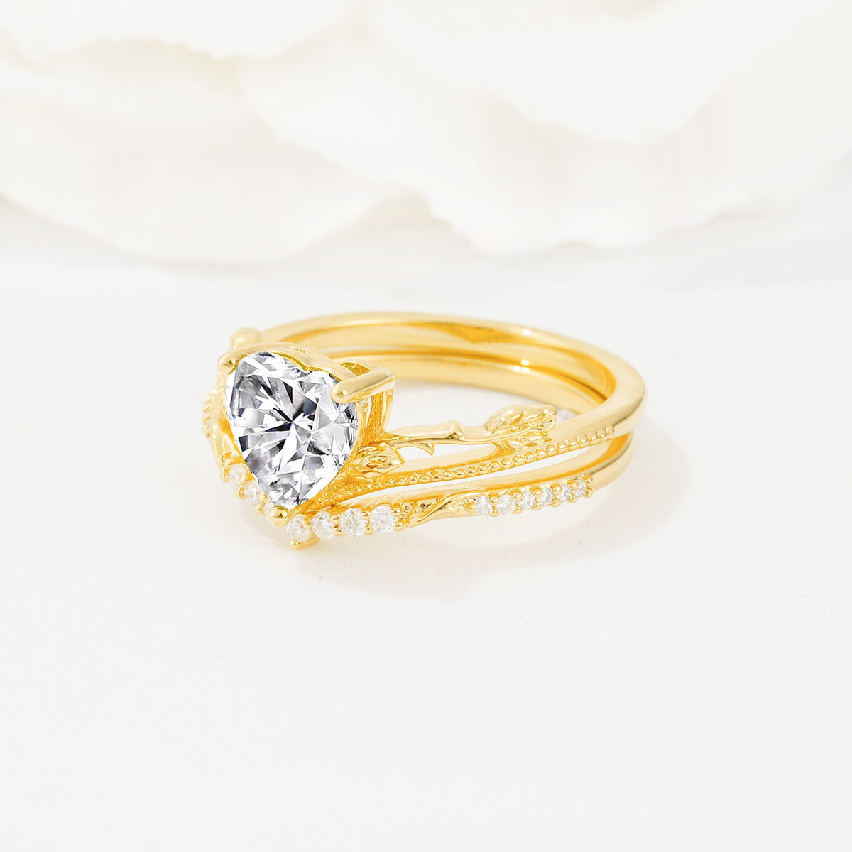 Nature Inspired Heart Cut Lab Diamond Bridal Ring Set - Rose-Gold