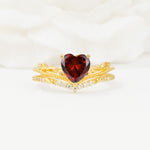 Nature Inspired Heart Cut Garnet Bridal Ring Set - Yellow-Gold
