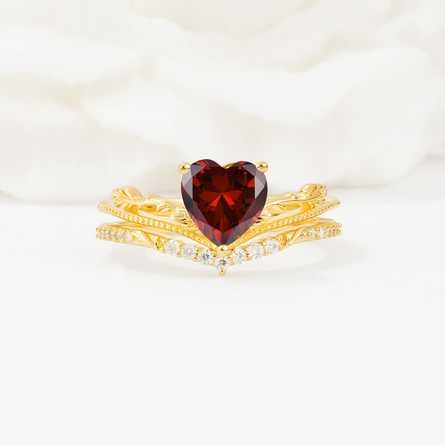 Nature Inspired Heart Cut Garnet Bridal Ring Set - Yellow-Gold
