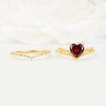 Nature Inspired Heart Cut Garnet Bridal Ring Set - White-Gold