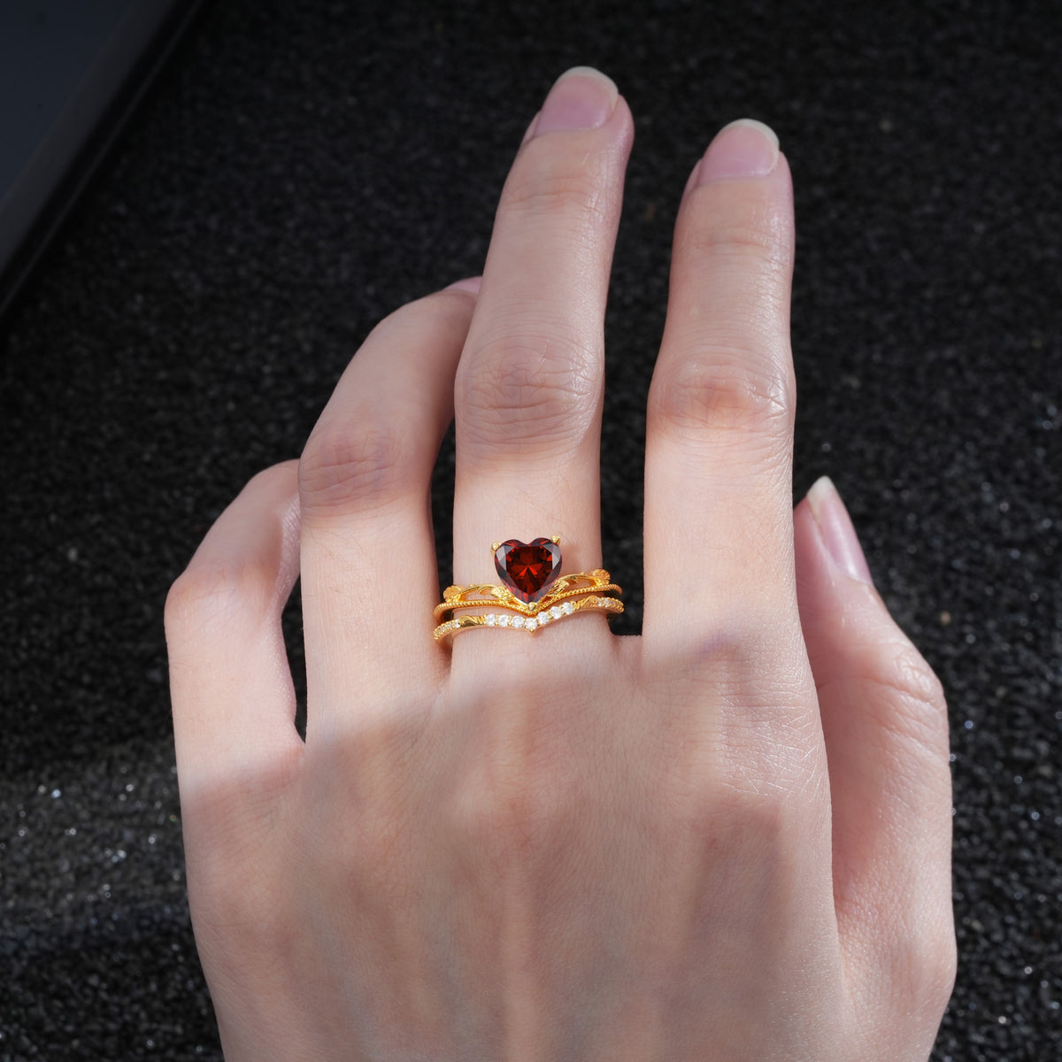Nature Inspired Heart Cut Garnet Bridal Ring Set - Additional view