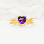 Nature Inspired Heart Cut Amethyst Bridal Ring Set - Yellow-Gold