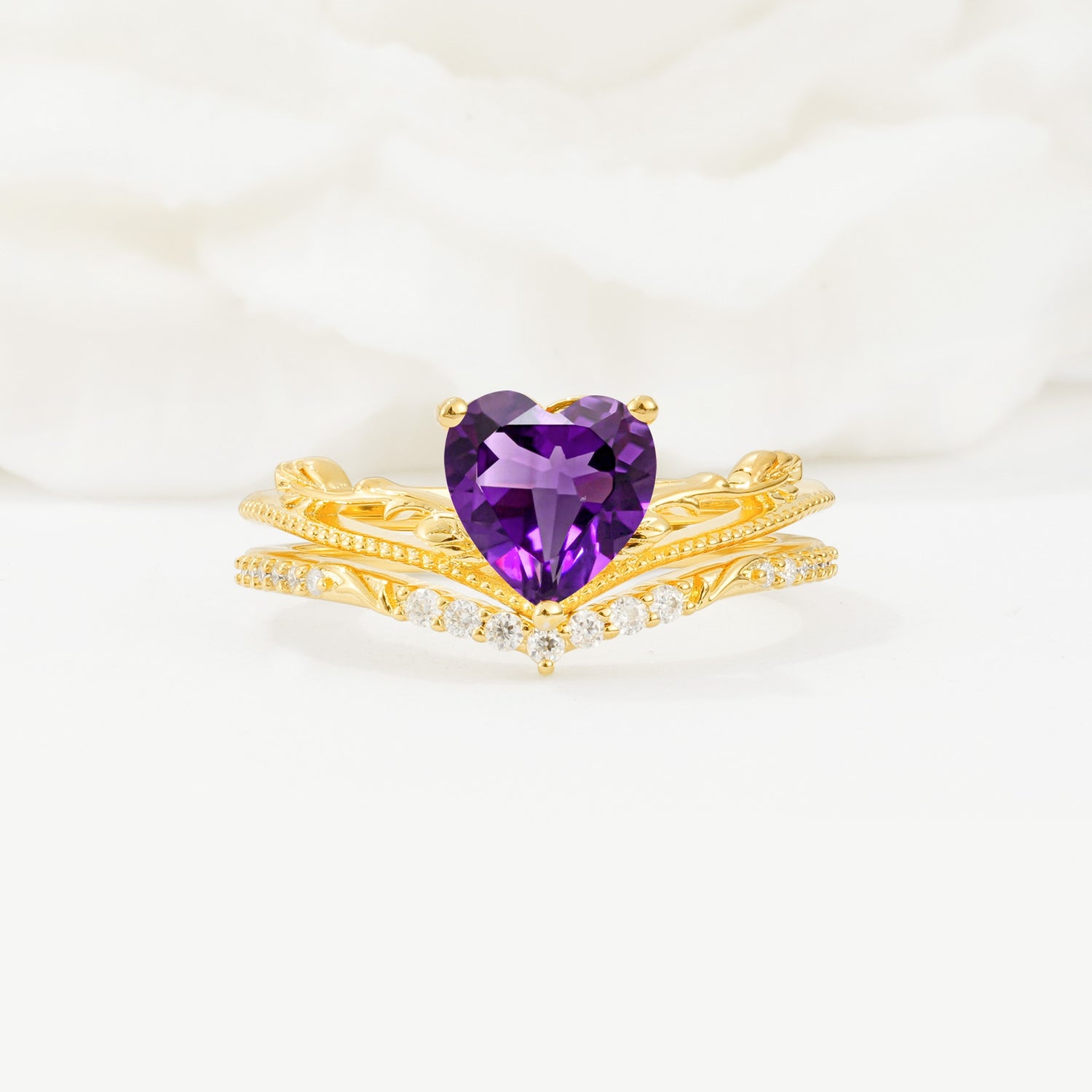 Nature Inspired Heart Cut Amethyst Bridal Ring Set - Yellow-Gold