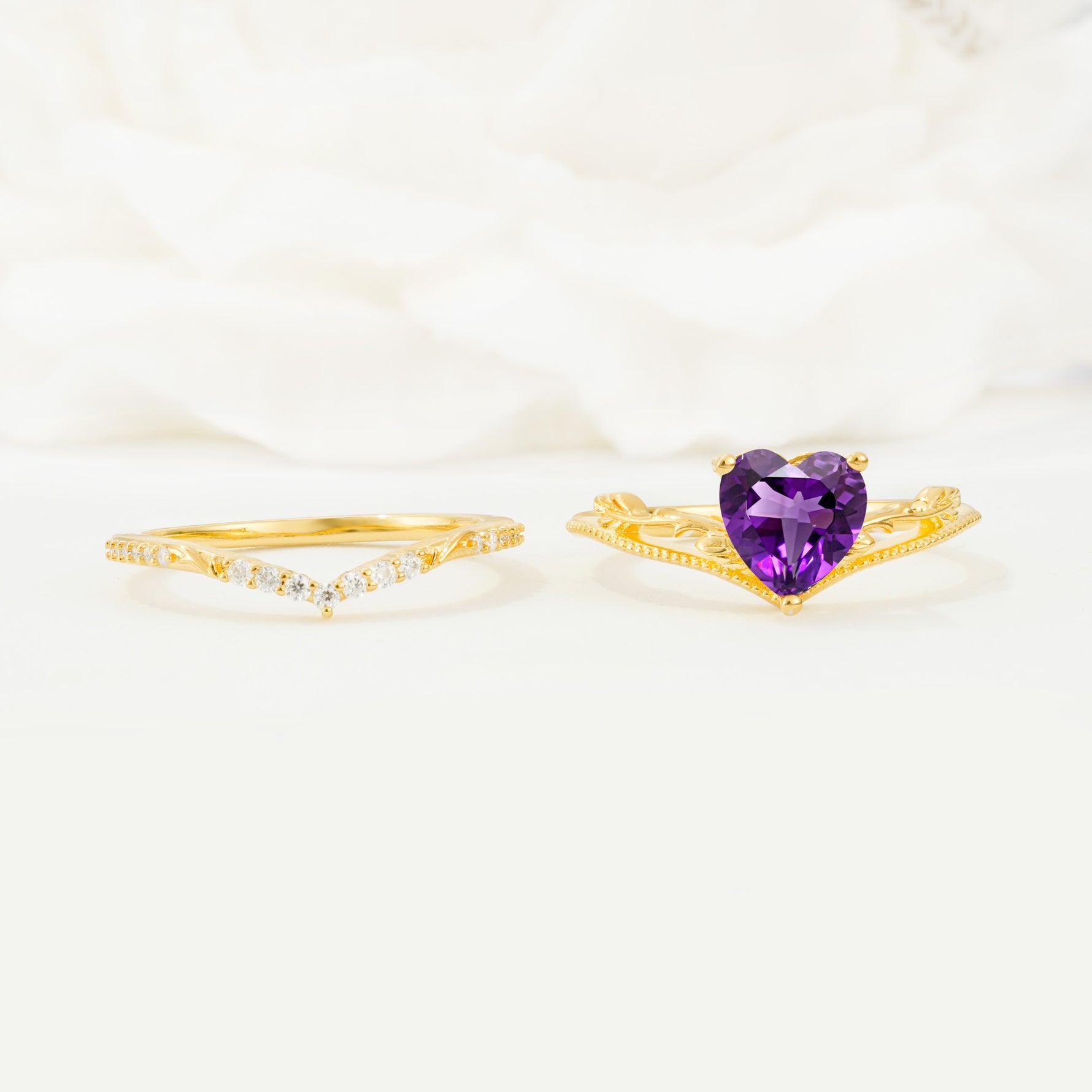 Nature Inspired Heart Cut Amethyst Bridal Ring Set - White-Gold
