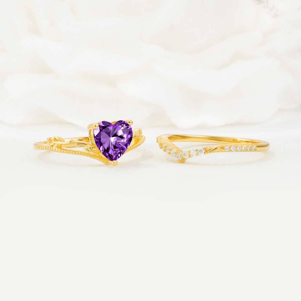 Nature Inspired Heart Cut Amethyst Bridal Ring Set - Additional view