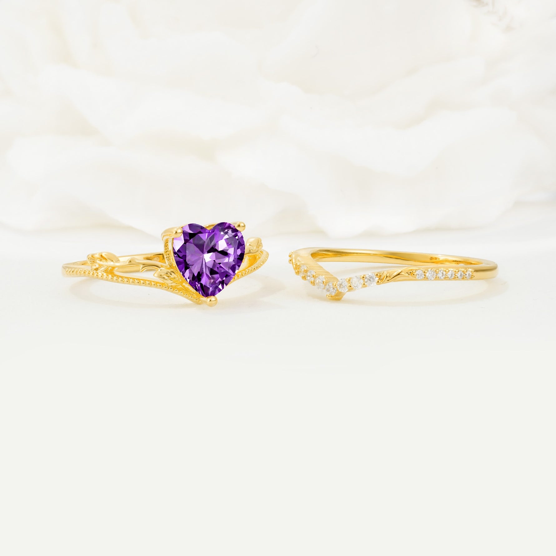 Nature Inspired Heart Cut Amethyst Bridal Ring Set - Additional view