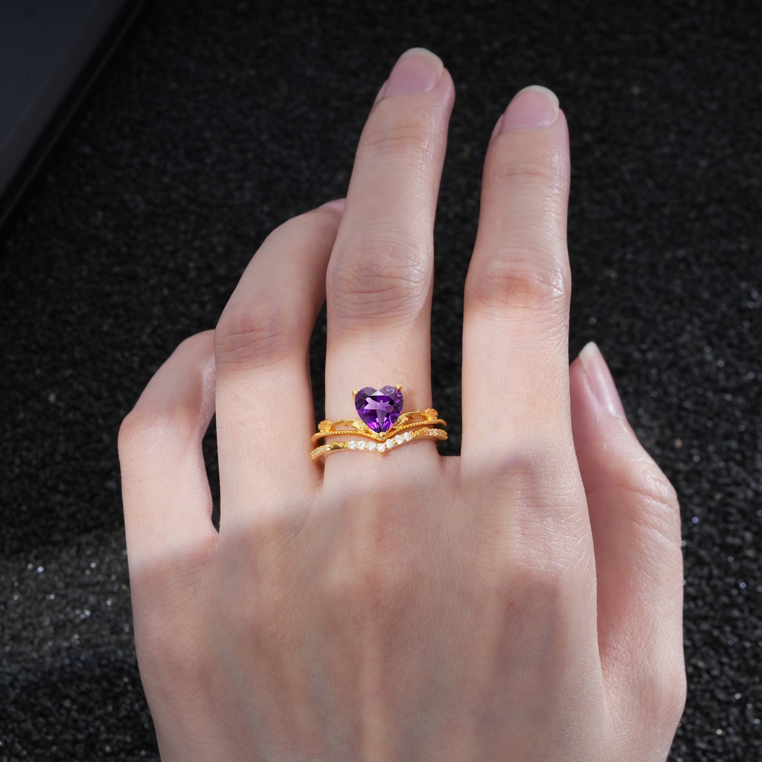Nature Inspired Heart Cut Amethyst Bridal Ring Set - Additional view