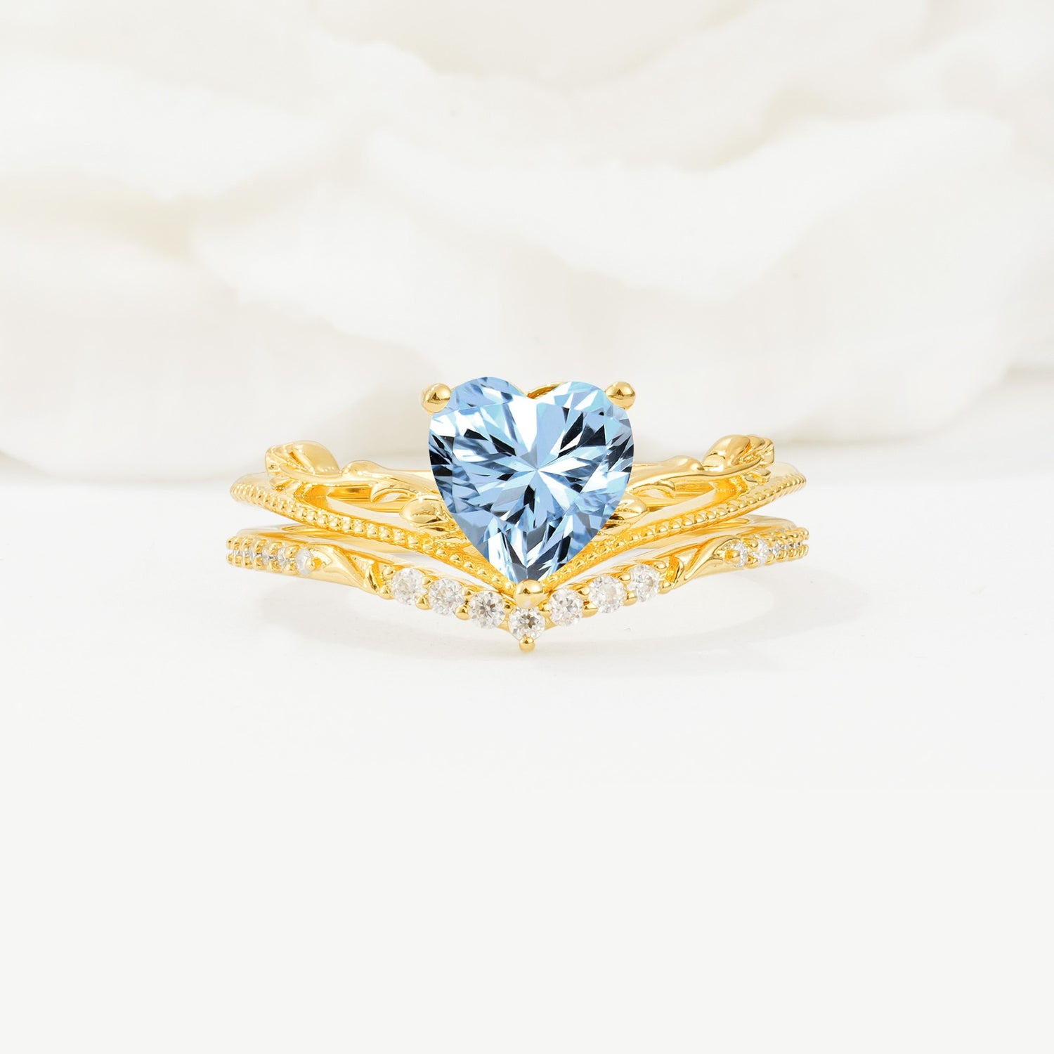 Nature Inspired Heart Cut Aquamarine Bridal Ring Set - Yellow-Gold